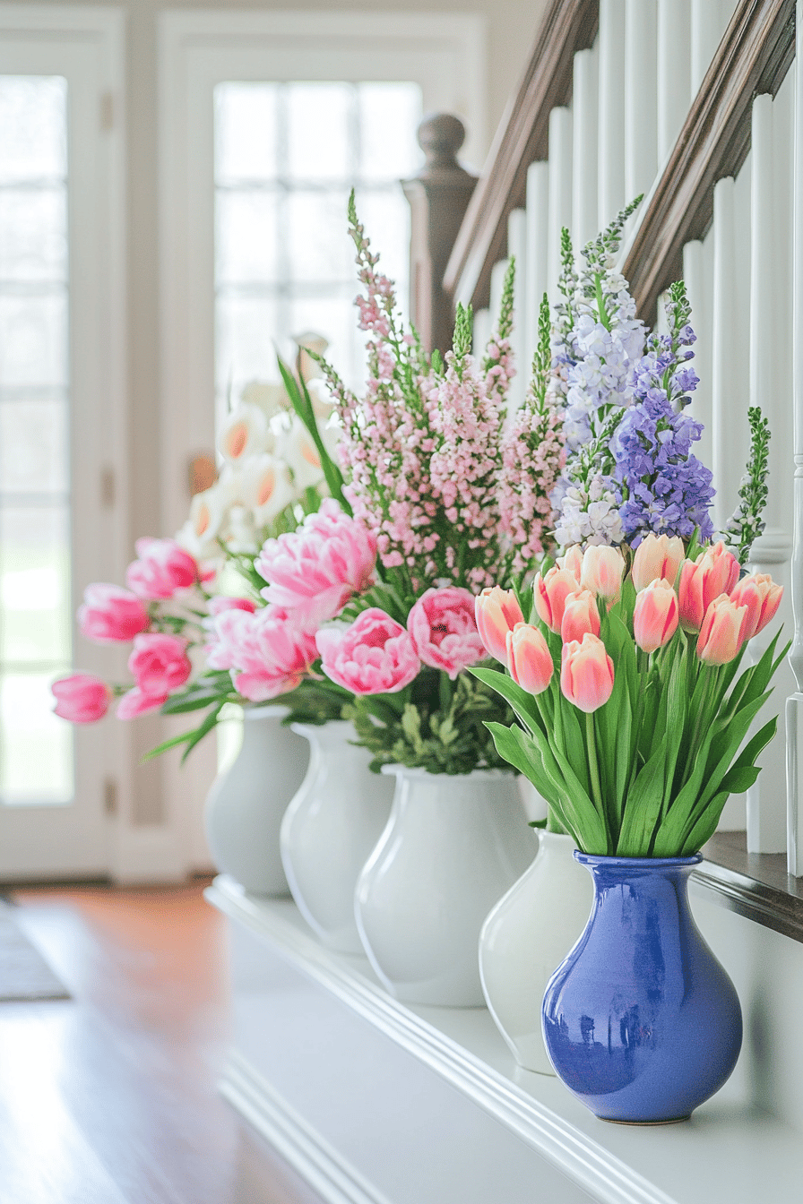 Vasen mit bunten Frühlingsblumen auf einem Treppenabsatz.