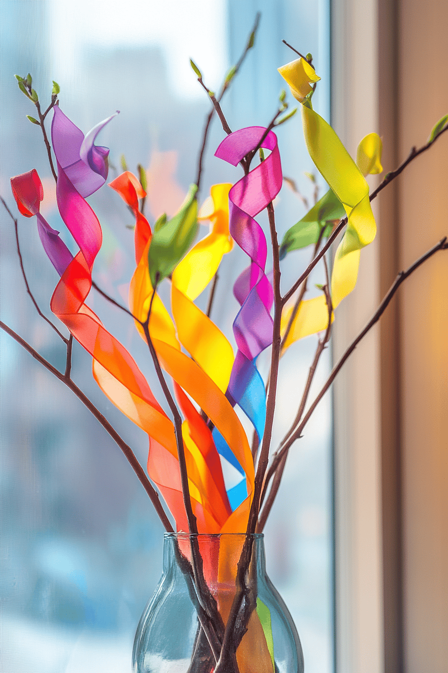 Zweige in einer Vase, geschmückt mit bunten Bändern.