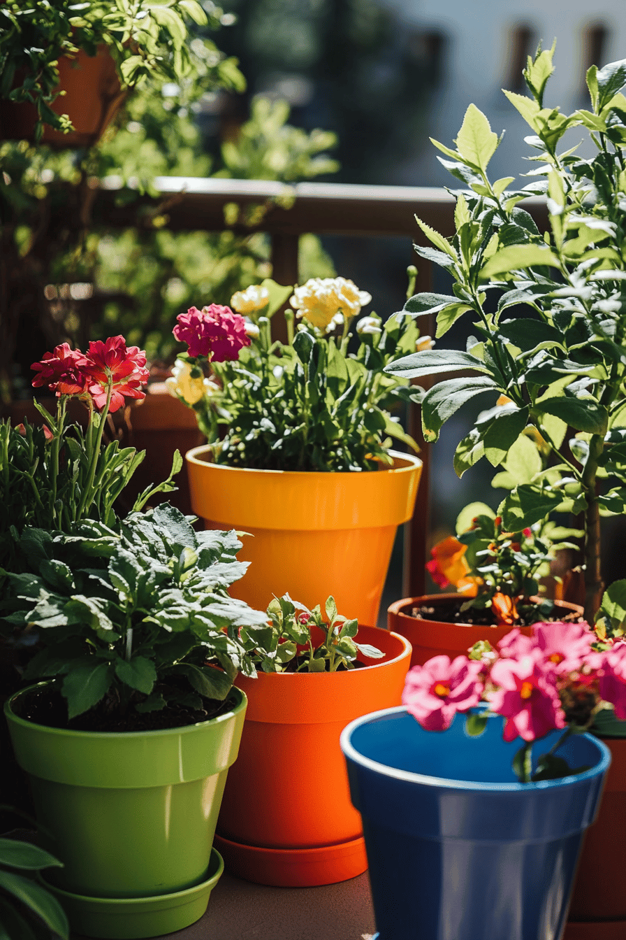 Verschiedene bunte Blumentöpfe mit Pflanzen auf einem Balkon.