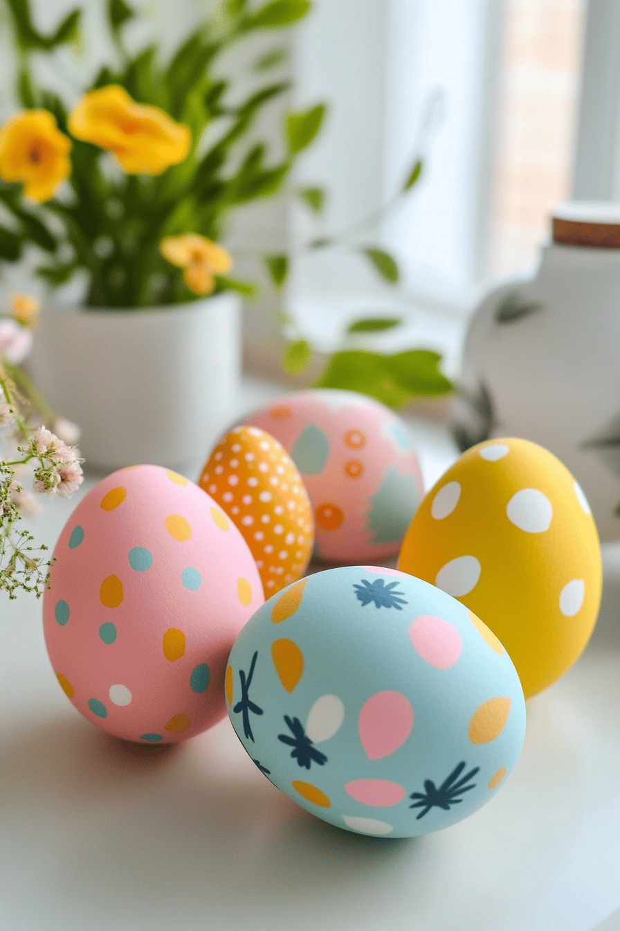 Bunte Ostereier mit verschiedenen Aufklebermustern vor Blumen im Hintergrund.