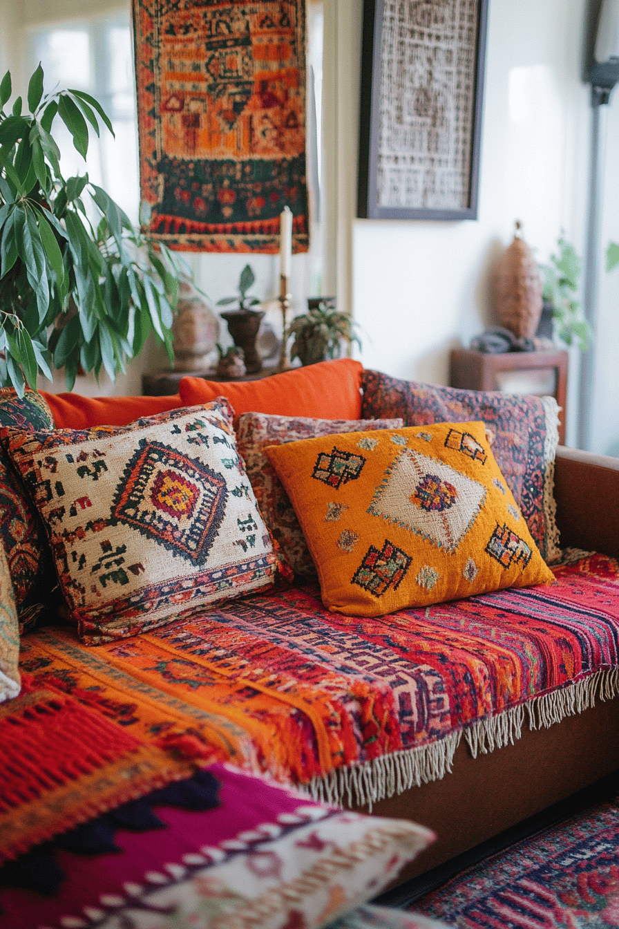 Bunt dekoriertes Sofa mit Boho-Kissen und Textilien.