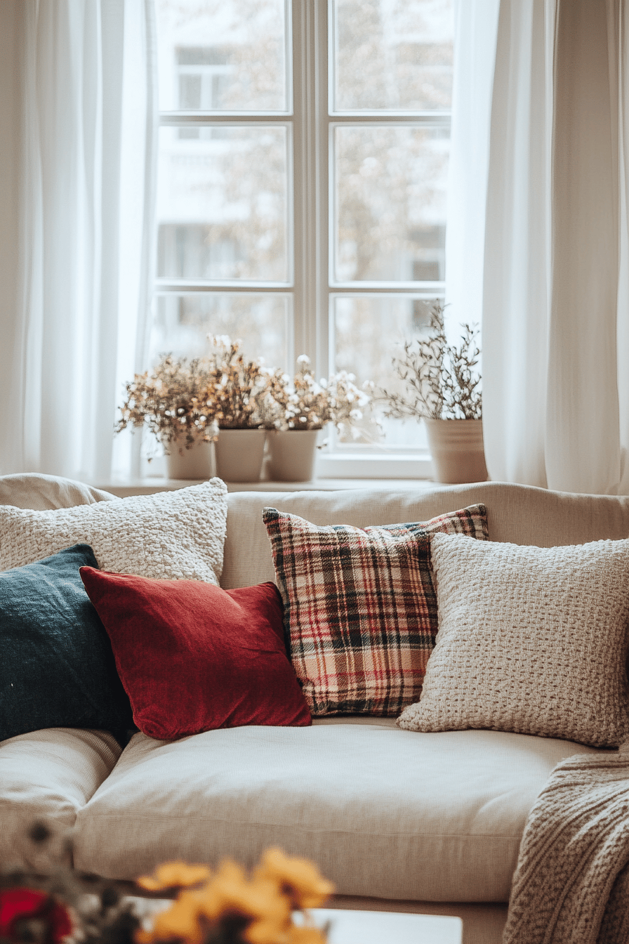 Sofa mit bunten Kissen und Plaids vor einem Fenster.