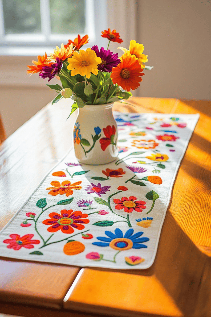 Ein Tischläufer mit bunten Blumenmotiven und einer Vase mit frischen Blumen.