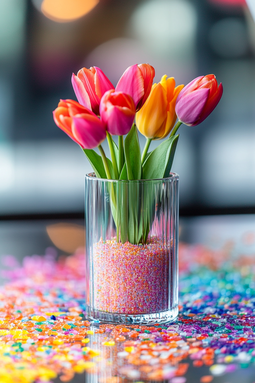 Ein Glas mit vielen bunten Tulpen, eingebettet in buntem Sand.