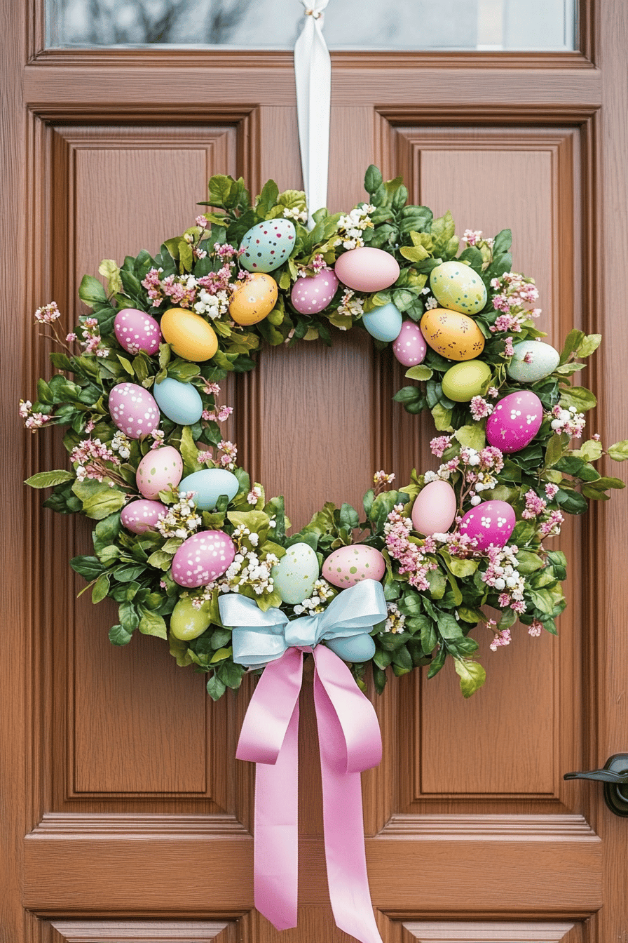 Ein bunter Osterei-Kranz hängt an einer Holztür, verziert mit pastellfarbenen Eiern und kleinen Blüten.