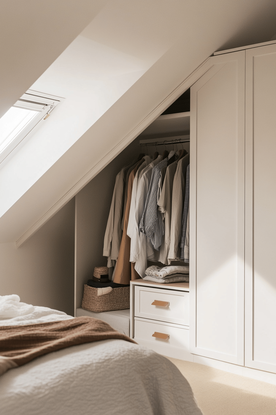 Schlafzimmer mit eingebautem Kleiderschrank unter einer Dachschräge.