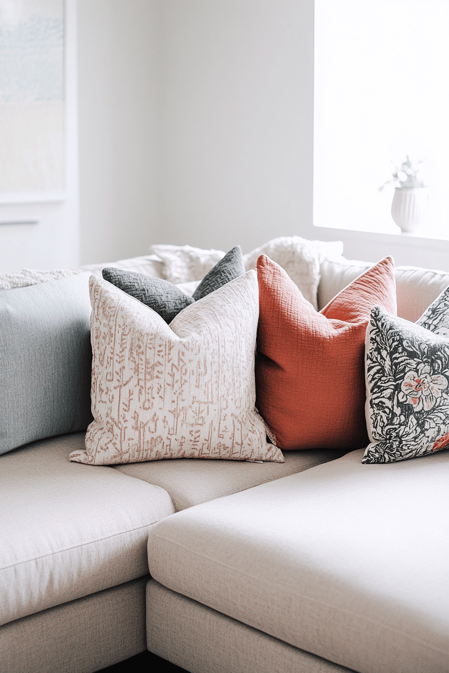 Sofa mit mehreren dekorativen Kissen in verschiedenen Farben und Mustern.