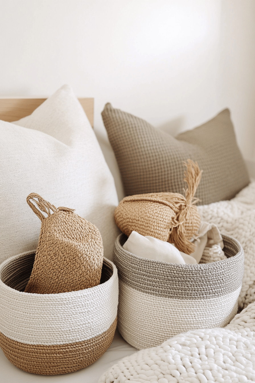 Dekorative Körbe gefüllt mit Zubehör in einem stilvoll eingerichteten Raum.