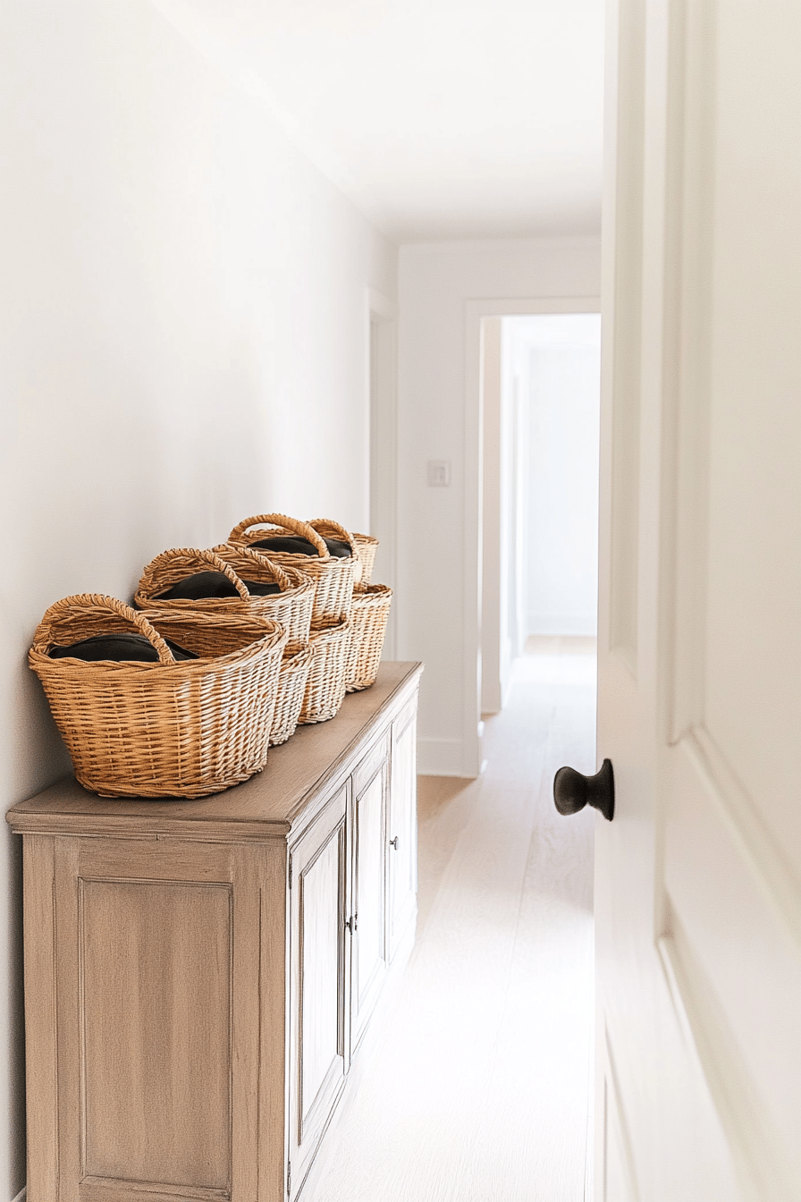 Holzkommode mit mehreren dekorativen Körben in einem Flur.