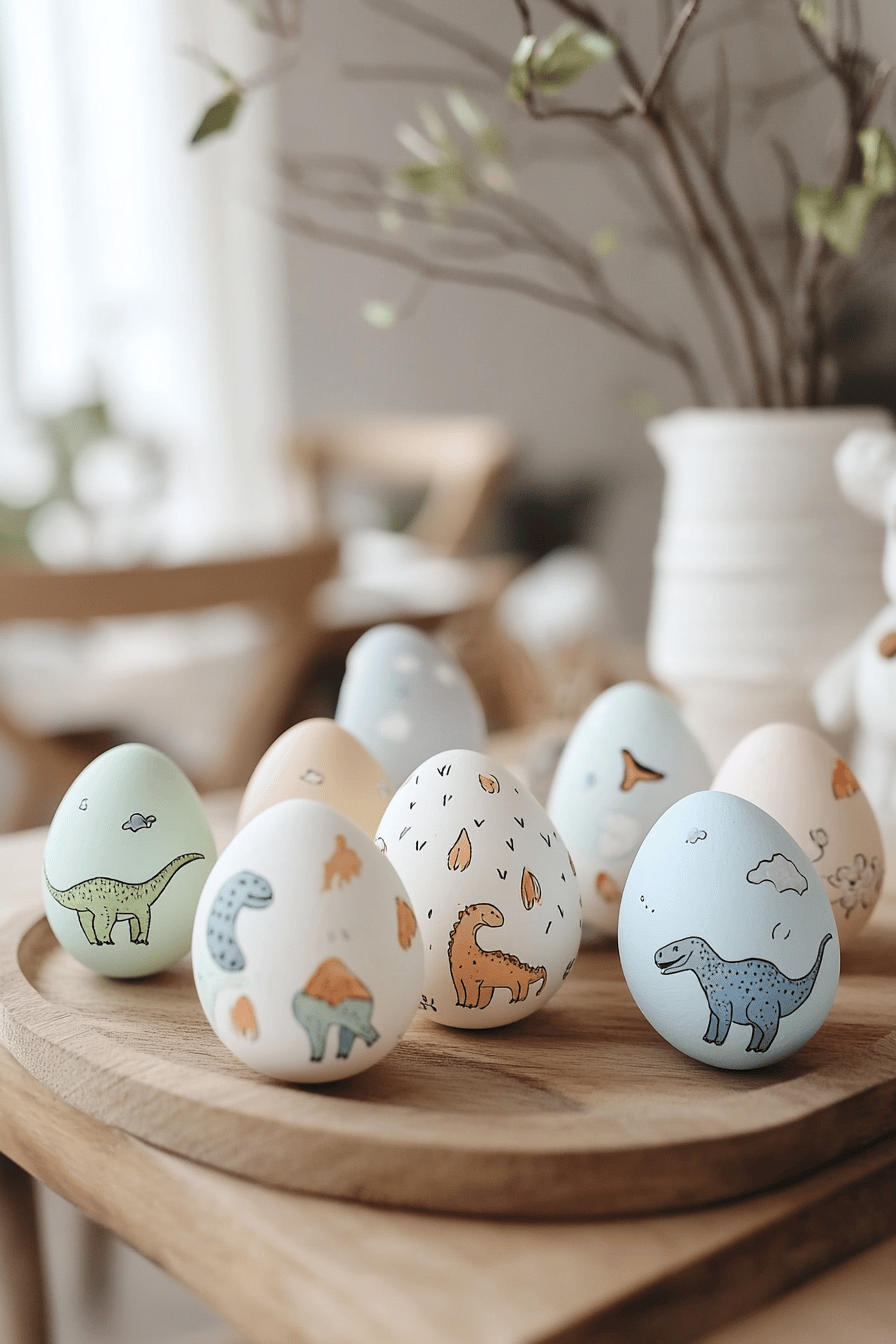Ostereier mit niedlichen Dinosaurier-Motiven bemalt, präsentiert auf einem Holztablett.