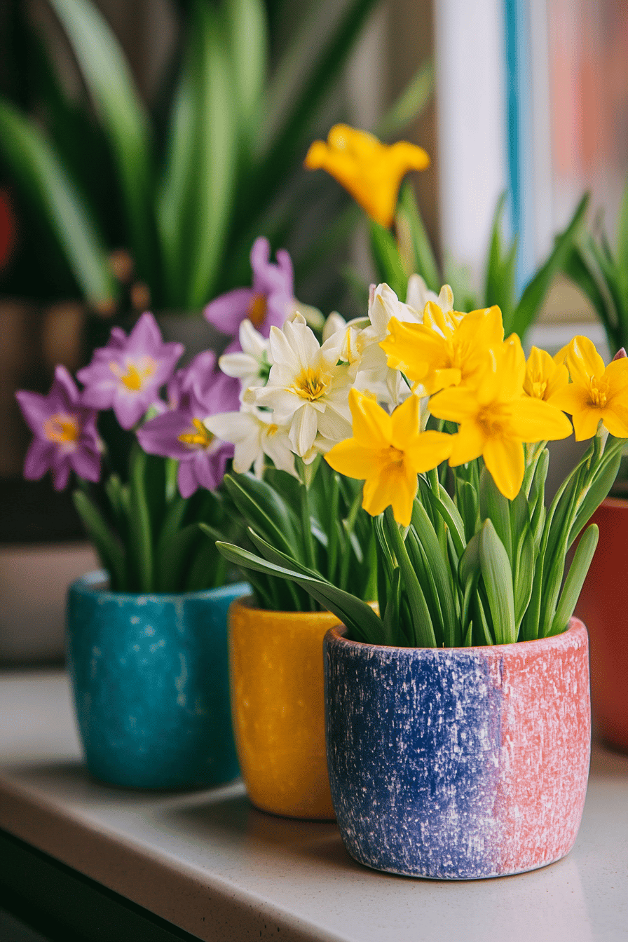 Bunte Blumentöpfe mit Frühlingsblumen auf einer Fensterbank.