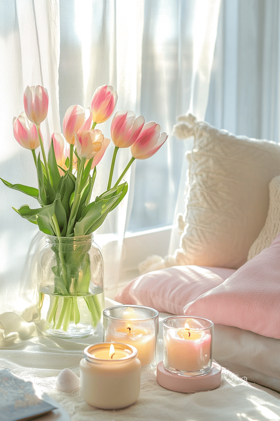 Ein gemütliches Wohnzimmer mit brennenden Duftkerzen und einem Glasvase mit Tulpen.