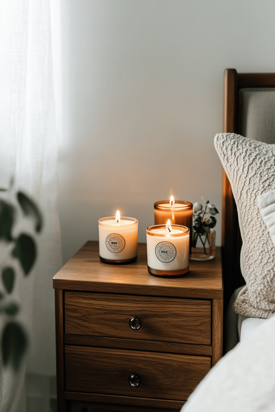 Drei Duftkerzen auf einem Nachttisch neben einem Kissen im Schlafzimmer.