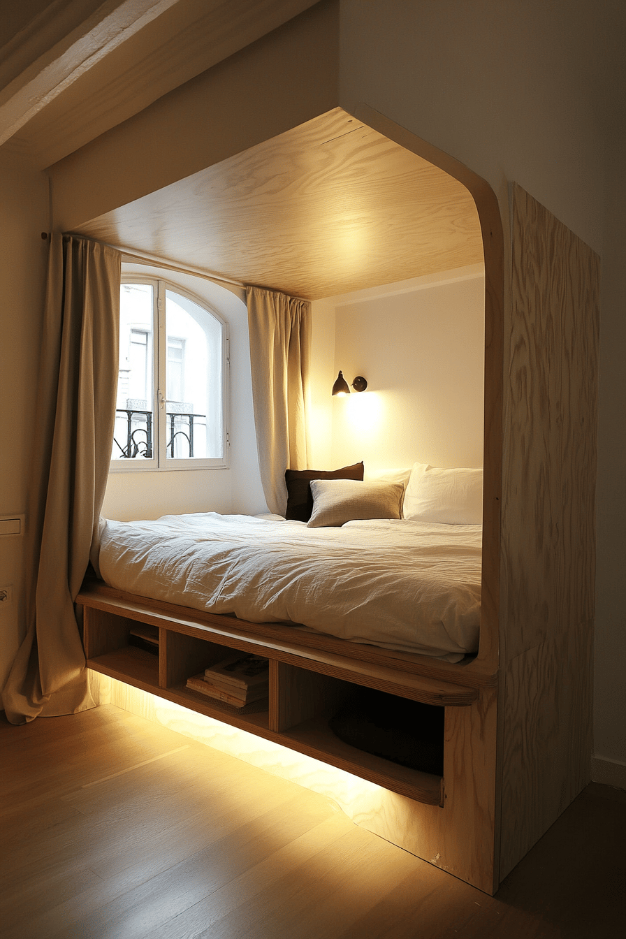 Ein gemütliches Eckbett mit integrierten Regalfächern und Vorhängen zur Raumtrennung.