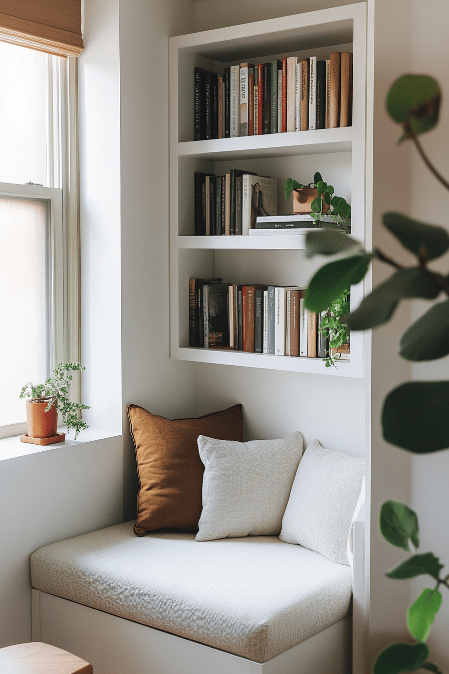 Gemütliche Leseecke mit eingebauten Regalen und Kissen in einer Ecke des Wohnzimmers.