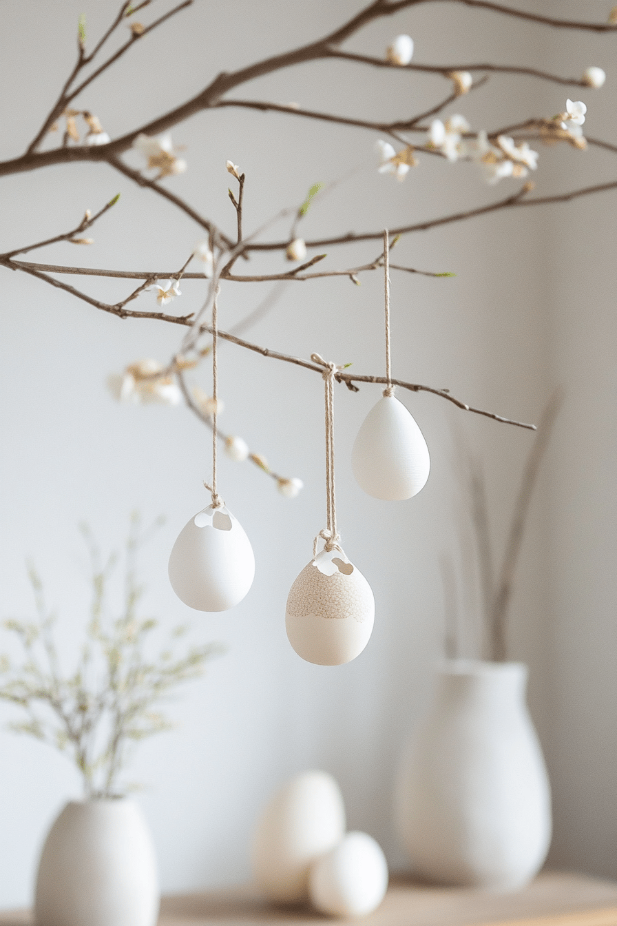 Zweige mit hängenden, leeren Eierschalen als Vasen dekoriert.