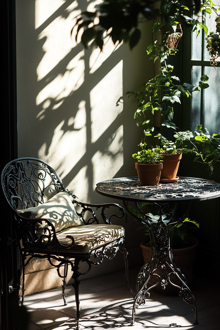 Ein Balkon mit dekorativen Eisenmöbeln und Pflanzen im Sonnenlicht.