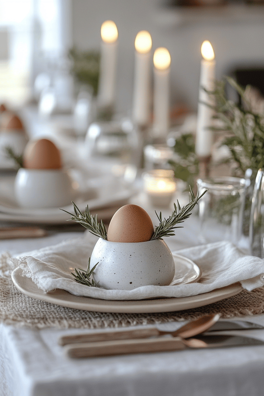 Ein schön gedeckter Tisch mit eleganten Eierbechern, die mit Eiern und Rosmarin dekoriert sind.