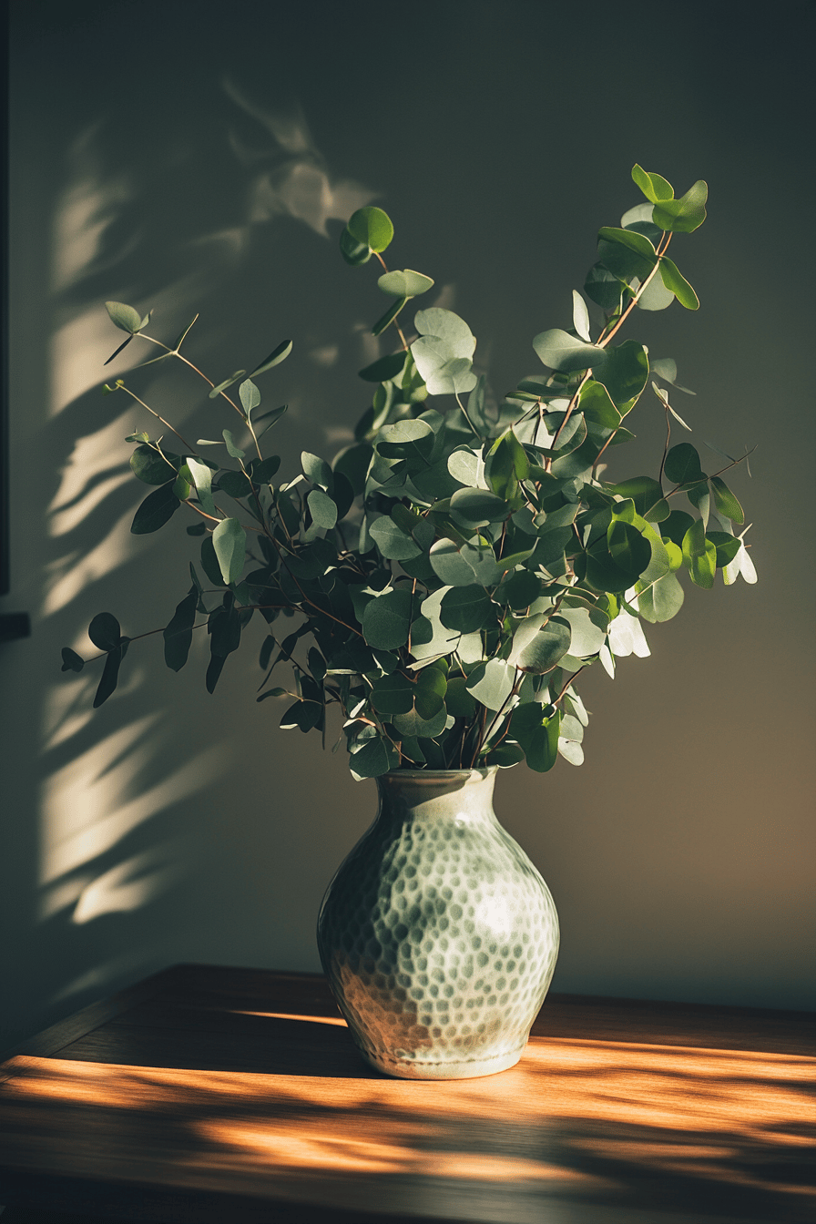 Ein Blumenarrangement mit Eukalyptus in einer Vase.