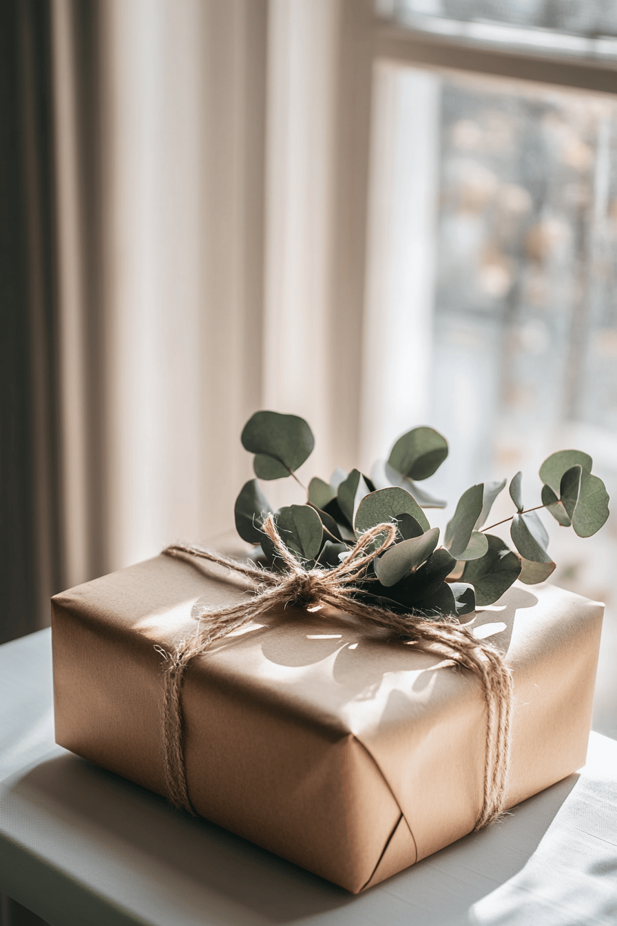 Geschenk verpackt in braunem Papier mit Eukalyptusdeko.