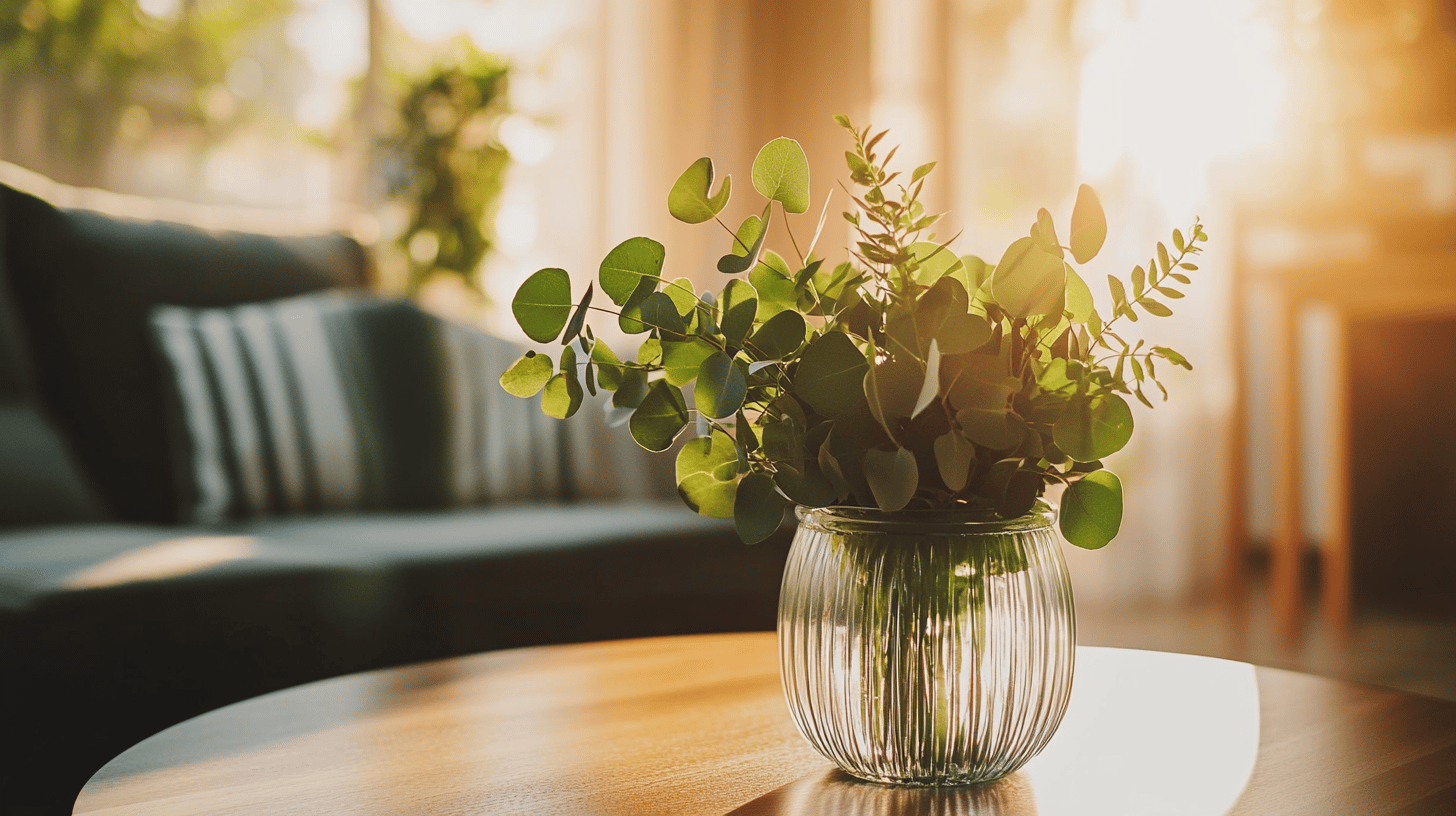 Glasvase mit grünen Blättern im Sonnenlicht.