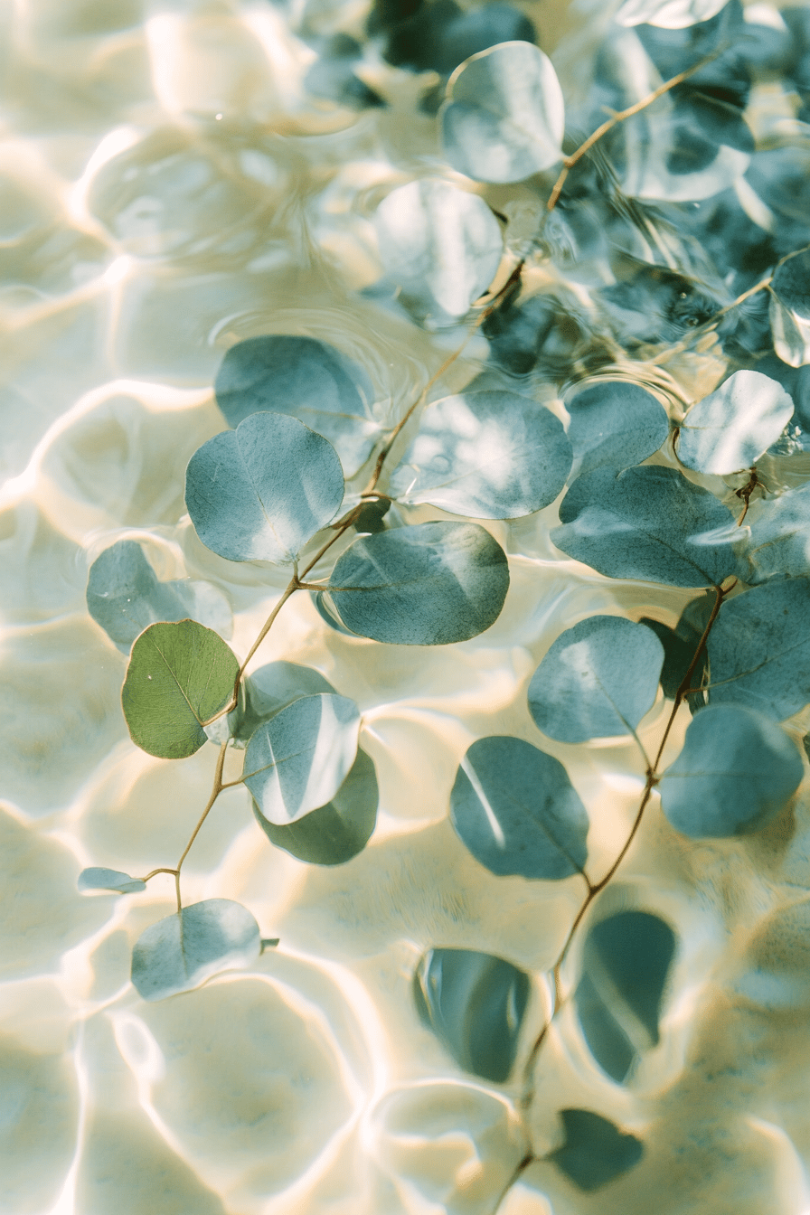 Eukalyptusblätter schweben im Wasser und reflektieren Licht.