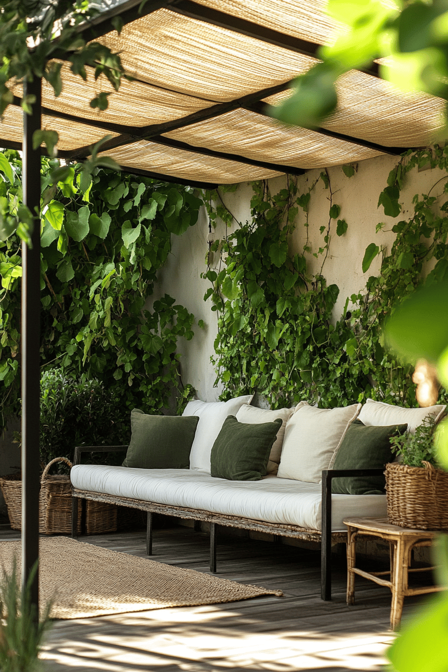 Elegante Terrasse mit weißen Sofas unter einem faltbaren Sonnenschirm, umgeben von grünen Pflanzen.