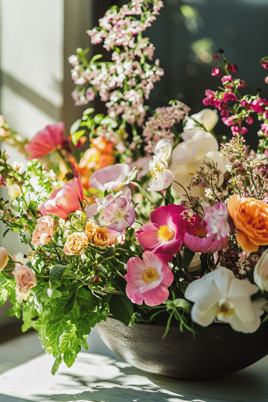 Eine Schale mit bunten Frühlingsblumen in verschiedenen Farben und Arten.