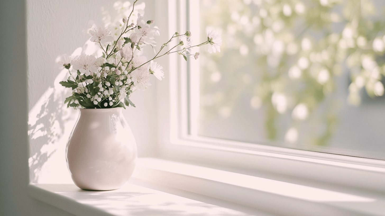 Blumen in Vase auf Fensterbank