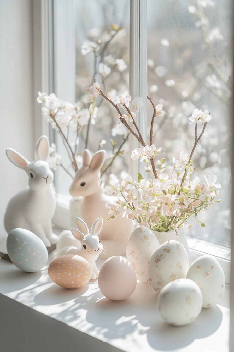 Fensterbank mit Osterhasenfiguren und pastellfarbenen Eiern dekoriert.