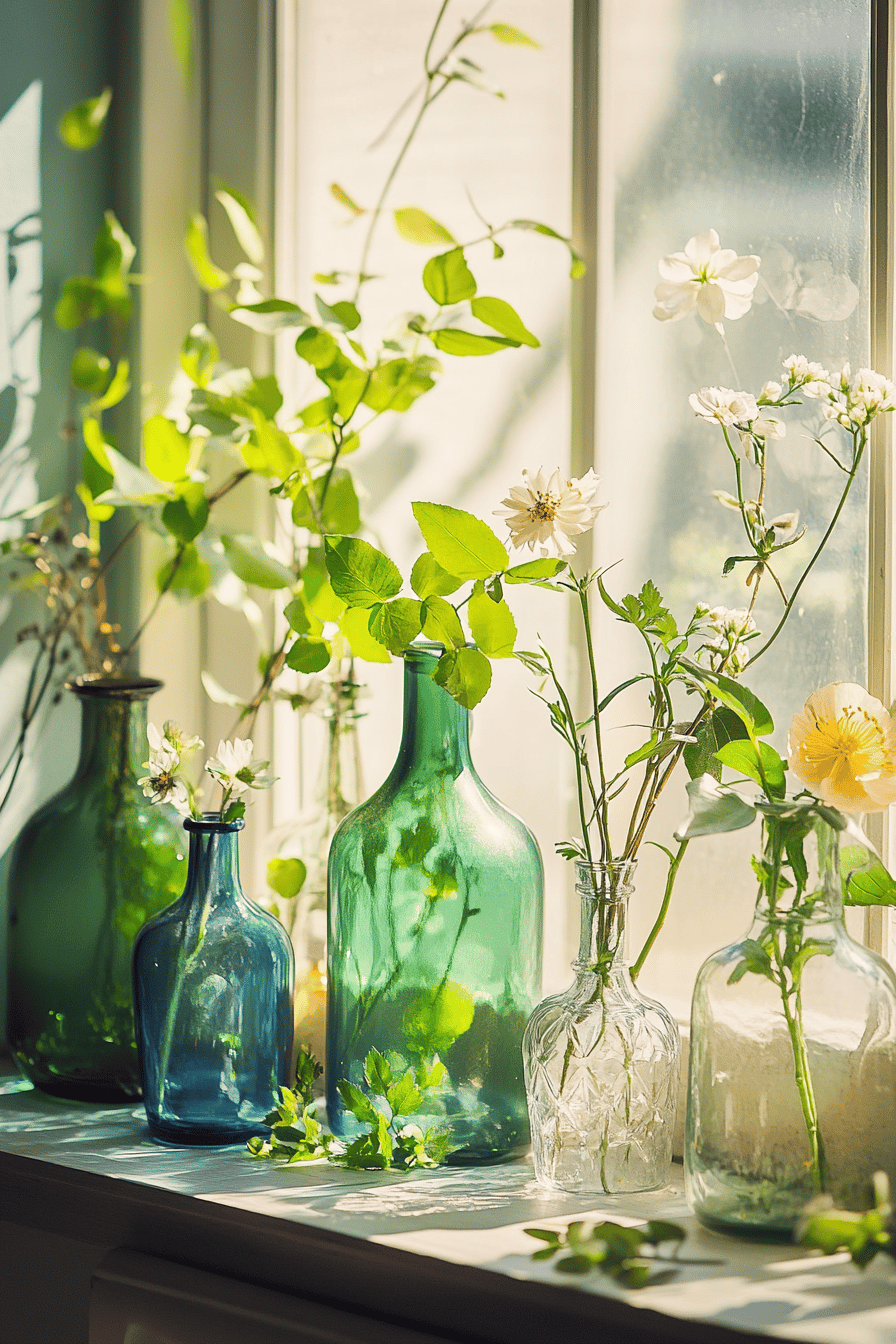 Mehrere wasserfarbene Glasvasen mit frischen Blumen und Zweigen auf einer sonnigen Fensterbank.