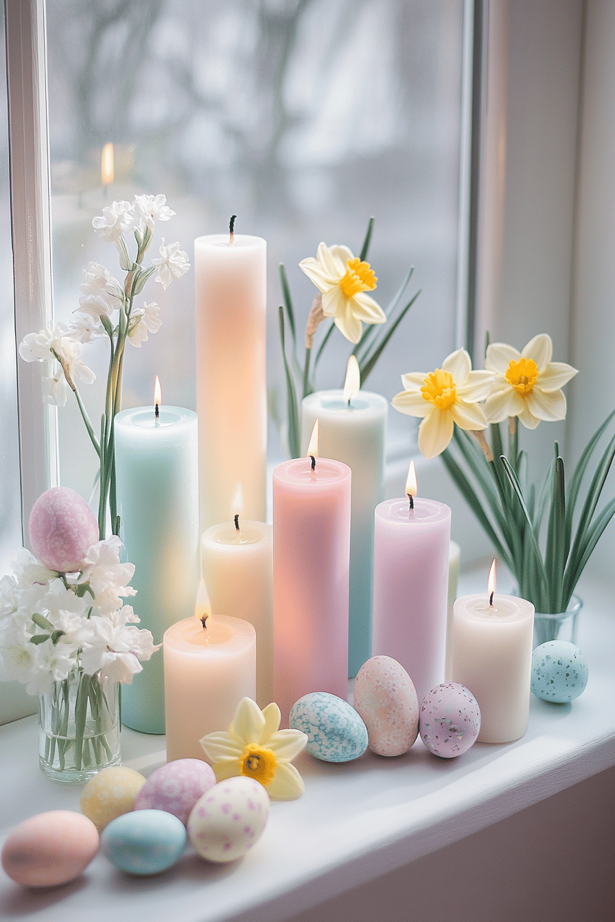 Bunte Kerzen und Ostereier auf einer Fensterbank mit frischen Blumen.