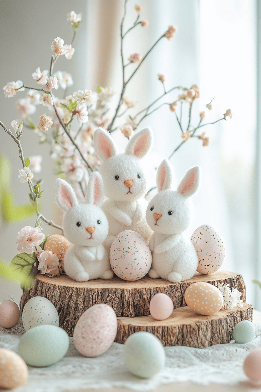 Drei Filzosterhasen und bemalte Eier auf einer Baumscheibe mit Blütenzweigen im Hintergrund.