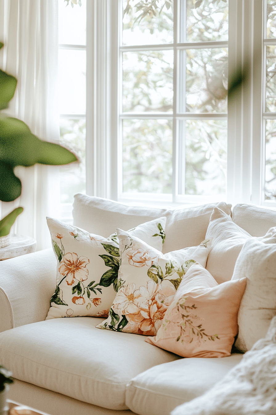 Couch mit floral bedruckten Kissen vor einem großen Fenster