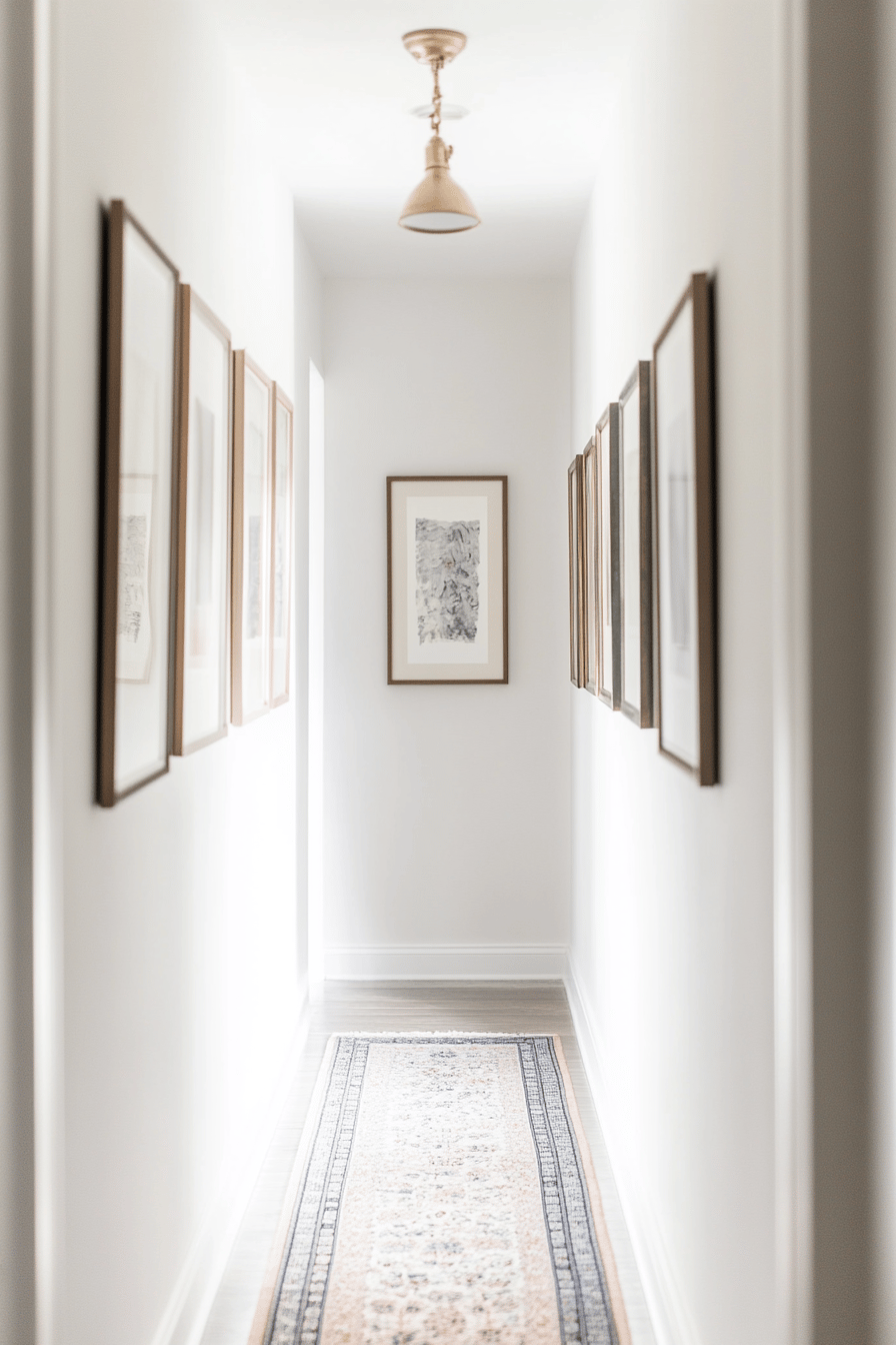 Ein schmaler Flur mit gerahmten Kunstwerken an den Wänden und einem schlichten Läufer.