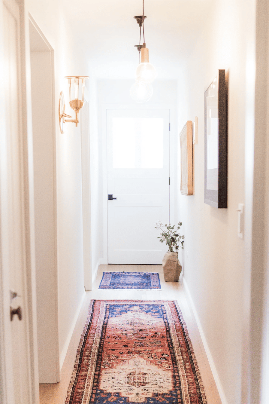 Ein schmaler Flur mit buntem Teppichläufer und hellen Wänden.