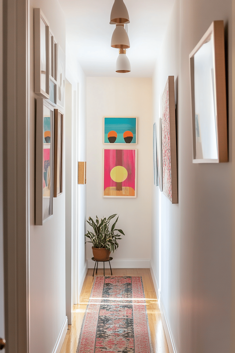 Ein schmaler Flur mit bunter Dekoration und Pflanzen.