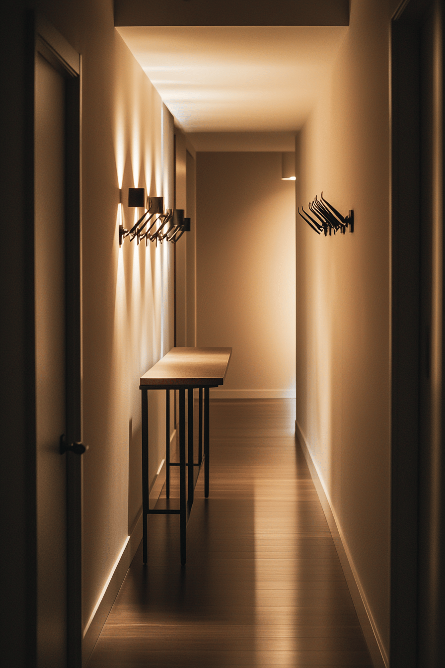 Moderner Flur mit helldunkel Kontrasten und stilvoller Beleuchtung.