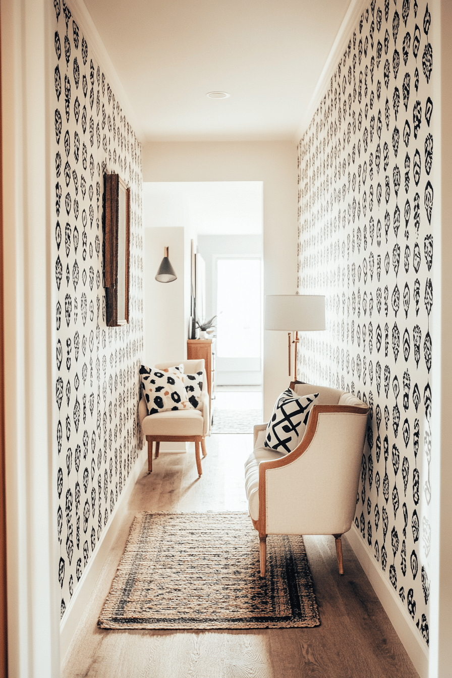 Ein stilvoller Flur mit grafisch gemusterten Tapeten und eleganten Möbeln.