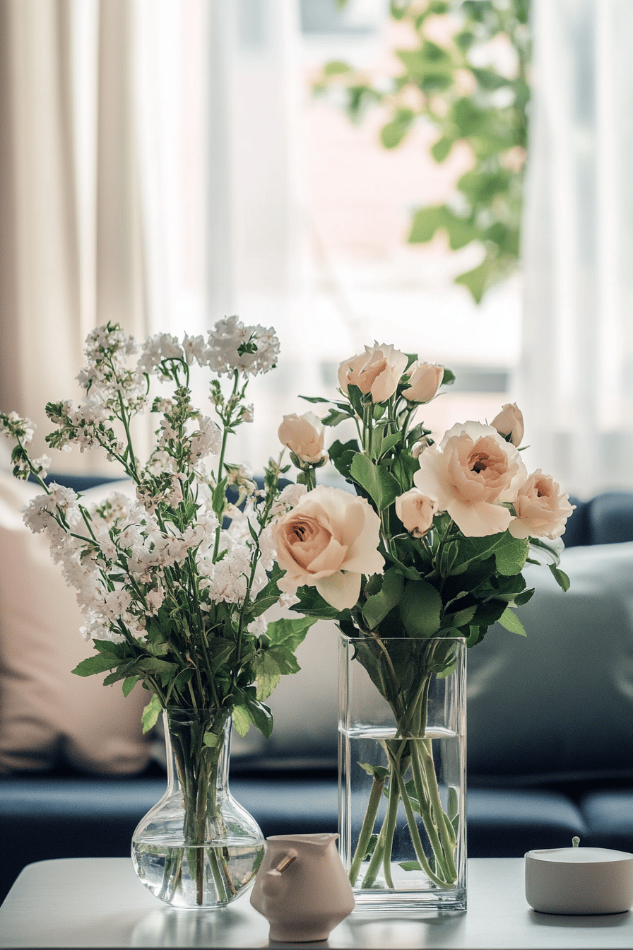 Frische Blumen in stilvollen Vasen im Wohnzimmer, umgeben von weichen Möbeln.