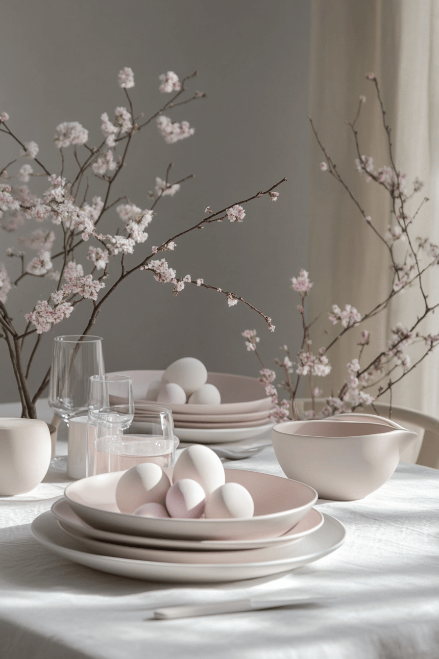 Elegante Tischdekoration mit pastellfarbenen Geschirr und zarten Blütenzweigen.