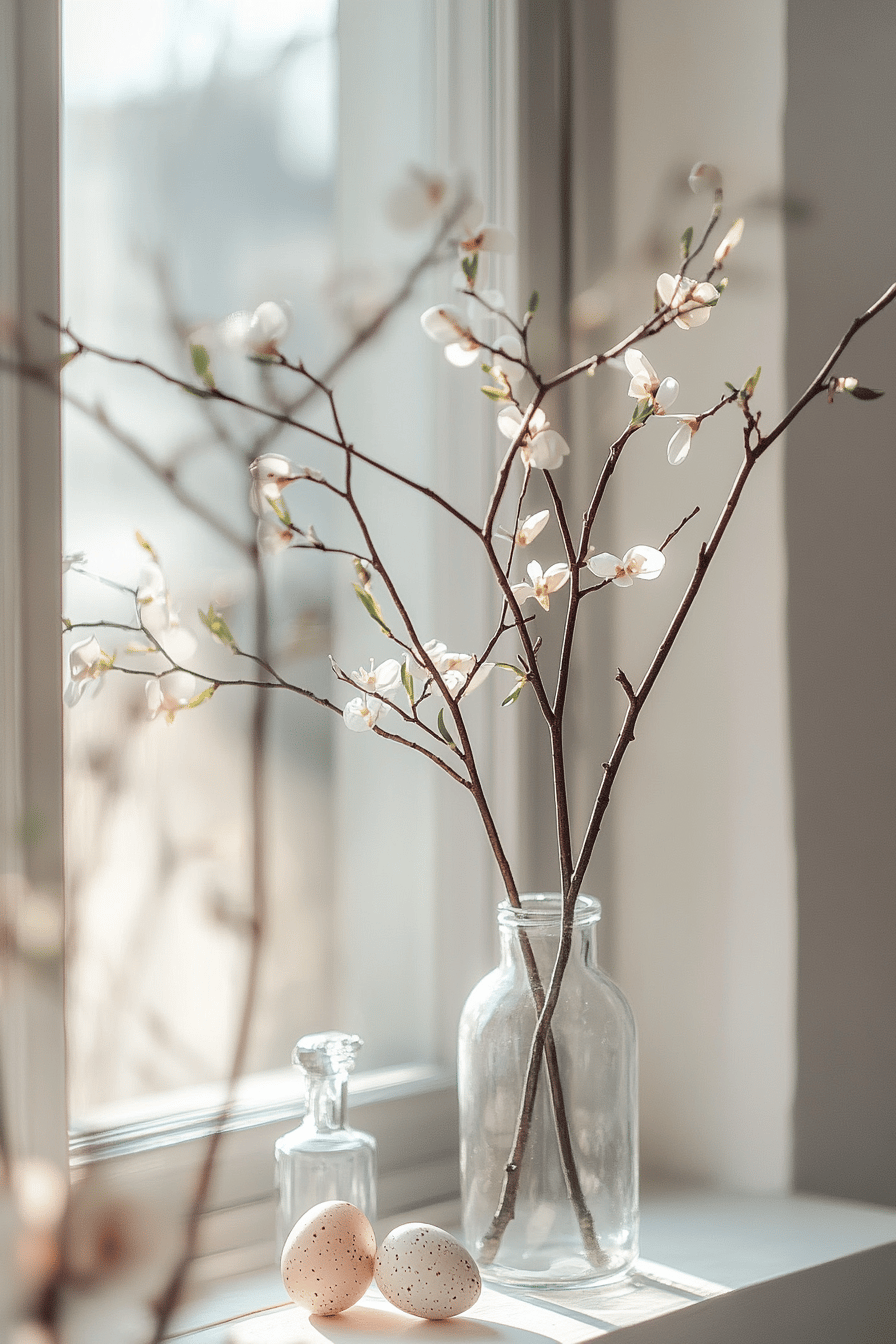 Zweige mit kleinen Blüten und bemalten Eiern auf einer Fensterbank.