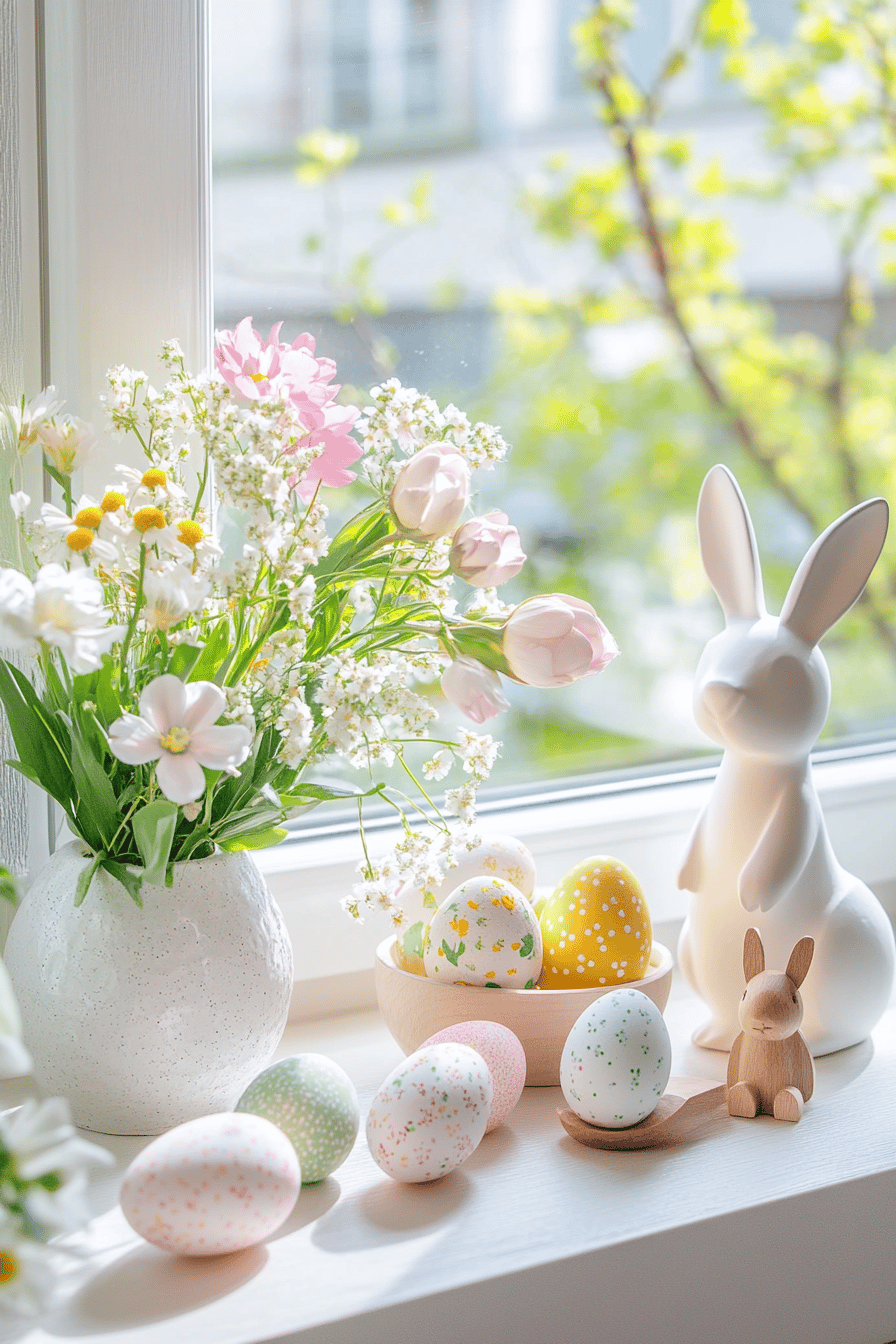Vase mit Frühlingsblumen und Osterdekorationen auf einer Fensterbank.