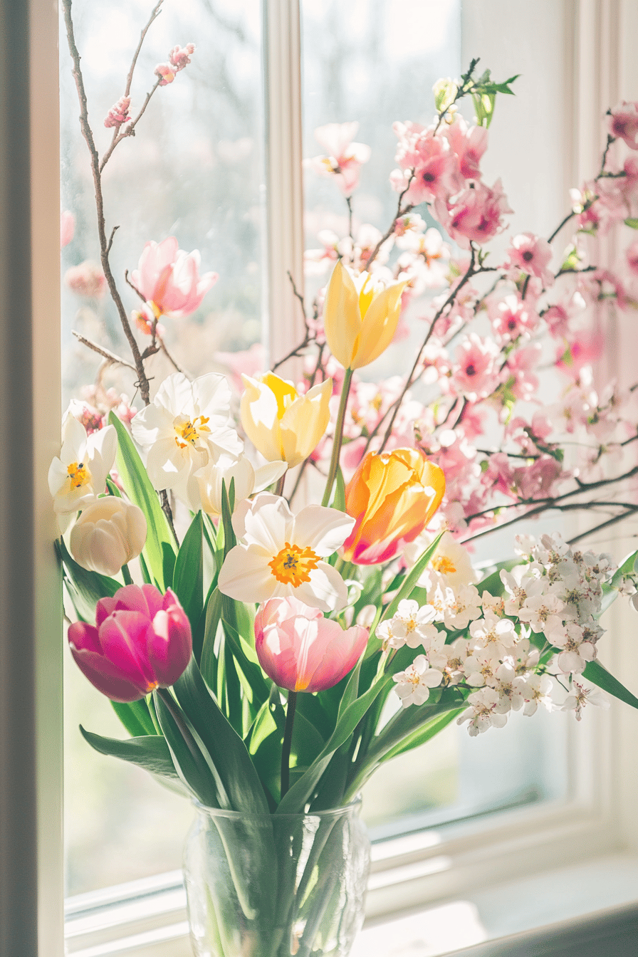 Ein Arrangement von Tulpen und Kirschblüten auf einer Fensterbank.