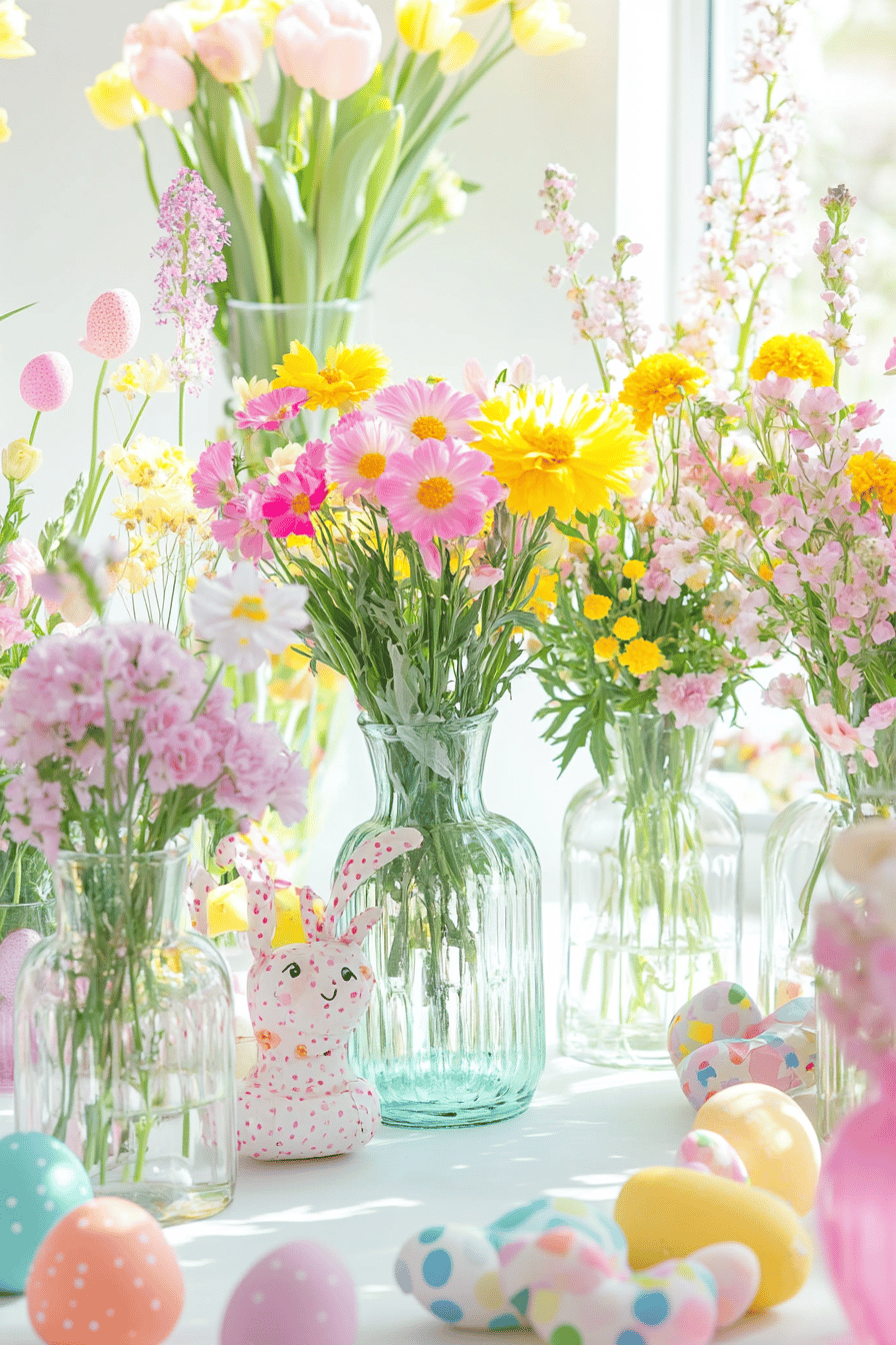 Verschiedene Glasvasen mit bunten Frühlingsblumen und dekorativen Ostereiern.