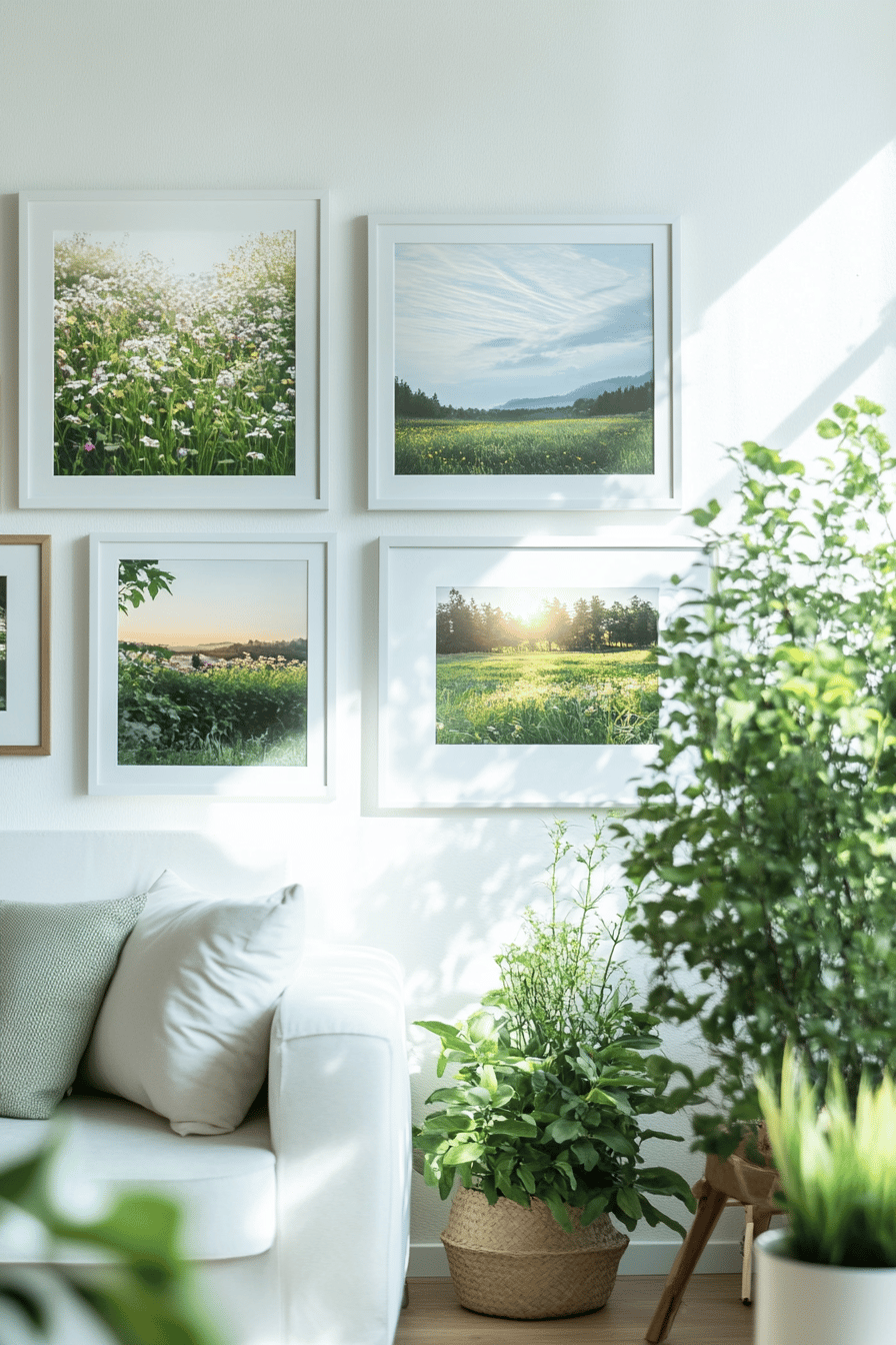 Wohnzimmer mit Fotodrucken von Frühlingslandschaften und grünen Pflanzen.