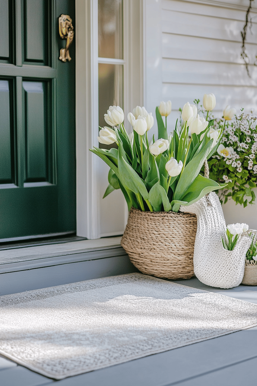 Einladender Hauseingang mit hellem Teppich und weißen Tulpen in Körben.