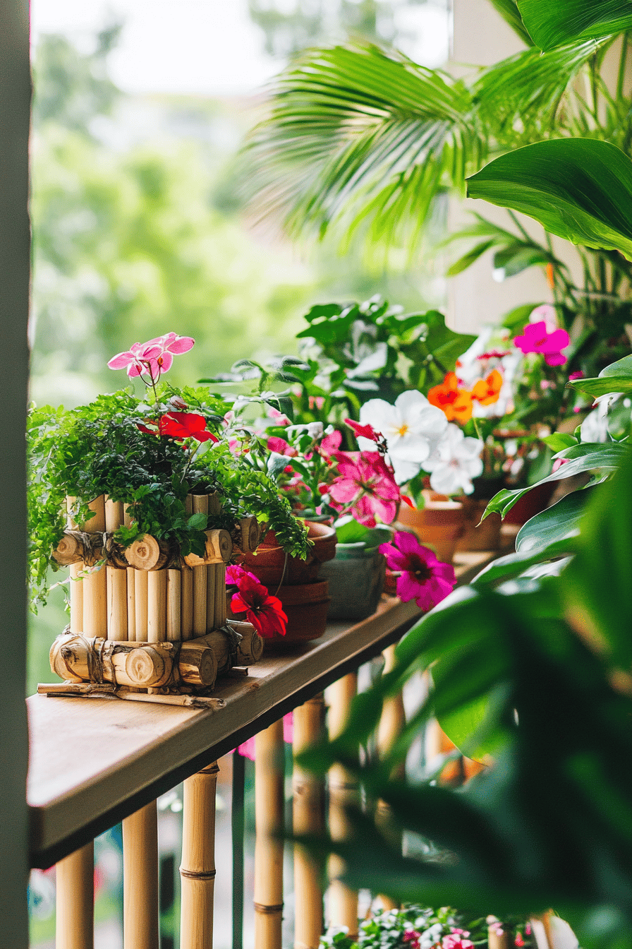 Bunte Blumen auf einem Balkon mit Bambusgeländer.