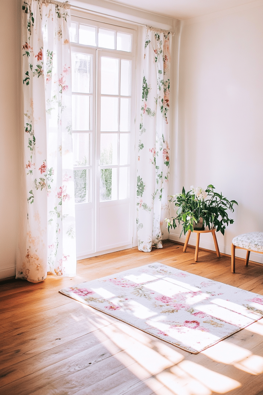 Helles Wohnzimmer mit blumigen Vorhängen und Teppich.