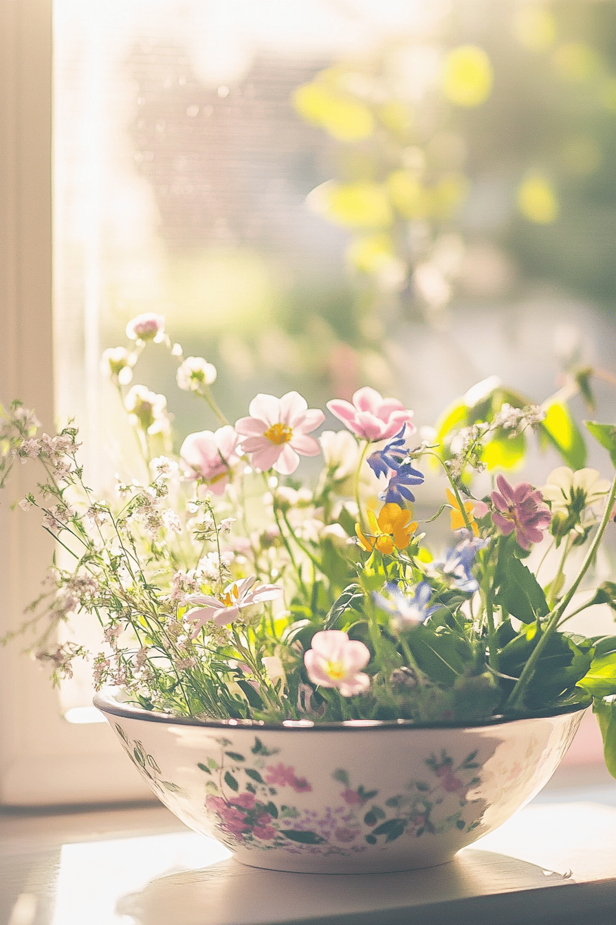 Schale mit bunten Frühlingsblumen auf einer Fensterbank.